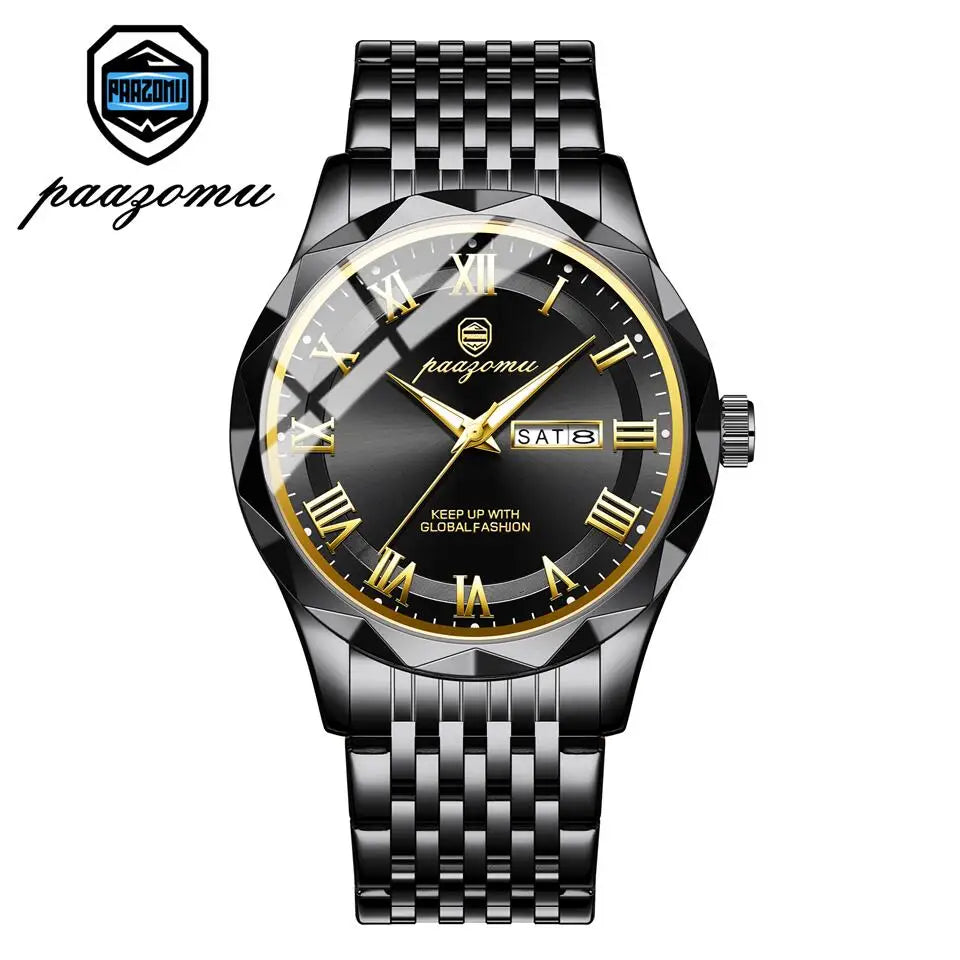 Relógio de pulso masculino esportivo de quartzo de luxo PAAZOMU, à prova d'água, luminoso, com data e semana, em aço inoxidável, relógio masculino + caixa