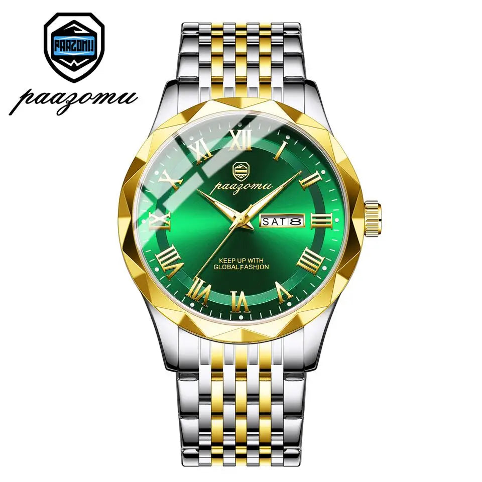 Relógio de pulso masculino esportivo de quartzo de luxo PAAZOMU, à prova d'água, luminoso, com data e semana, em aço inoxidável, relógio masculino + caixa