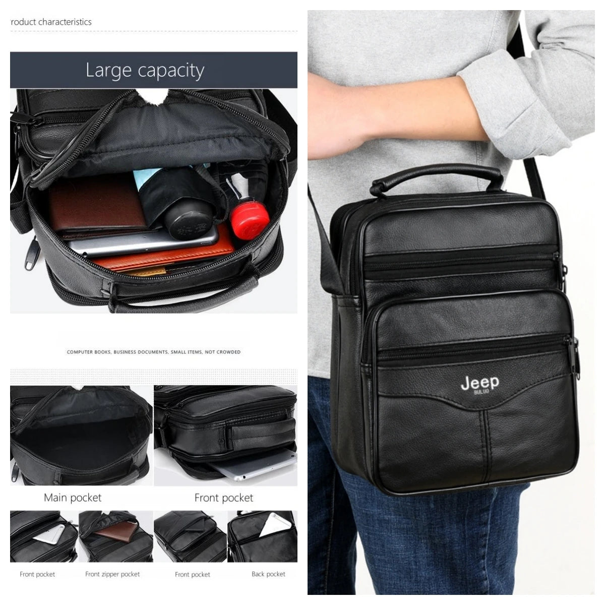 Jeep Buluo Bolsa de ombro masculina de couro bovino legítimo, preta, casual, de negócios, grande capacidade, bolsa transversal, alta qualidade, nova