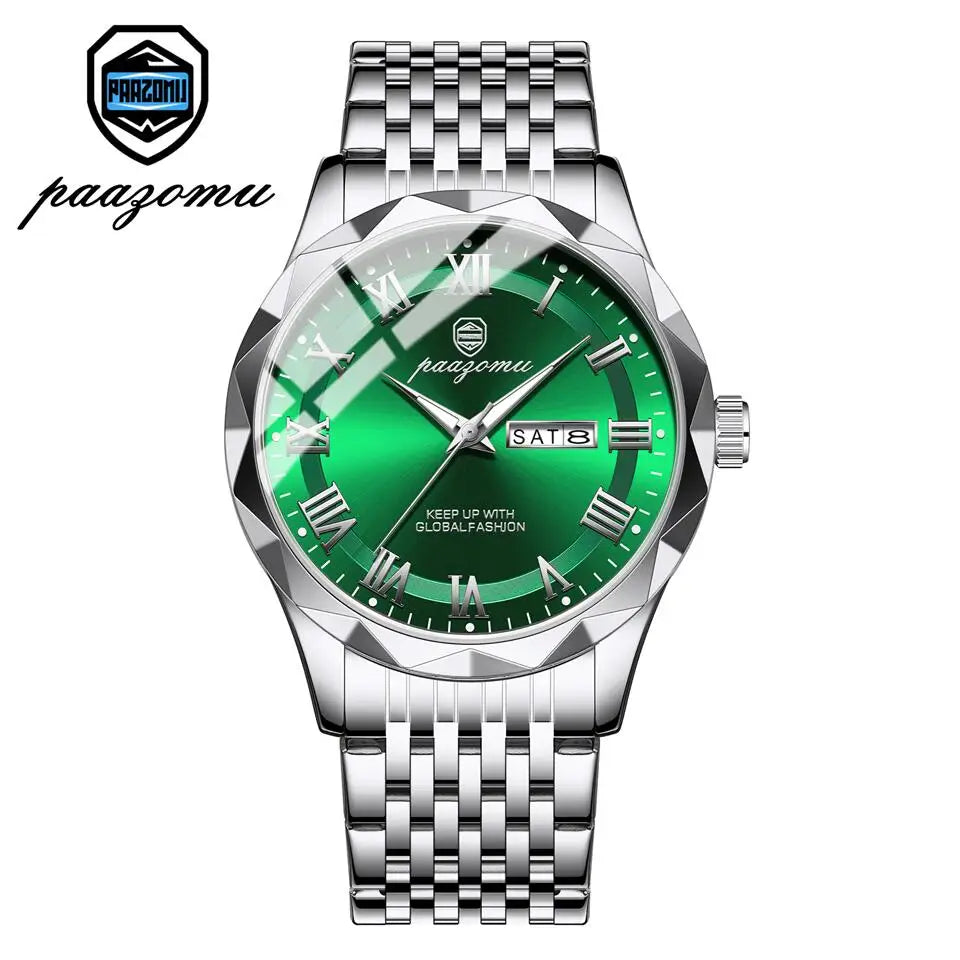 Relógio de pulso masculino esportivo de quartzo de luxo PAAZOMU, à prova d'água, luminoso, com data e semana, em aço inoxidável, relógio masculino + caixa