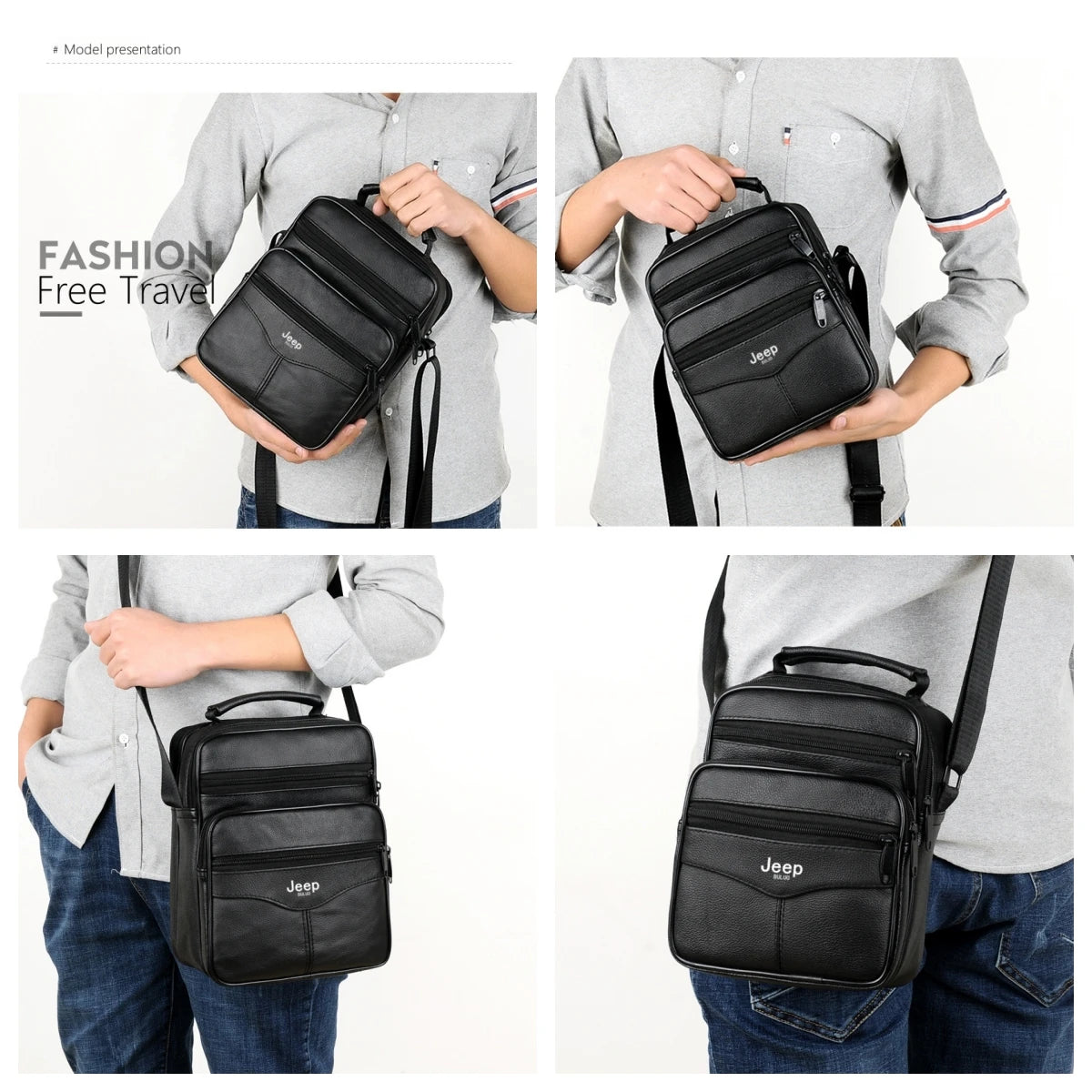 Jeep Buluo Bolsa de ombro masculina de couro bovino legítimo, preta, casual, de negócios, grande capacidade, bolsa transversal, alta qualidade, nova