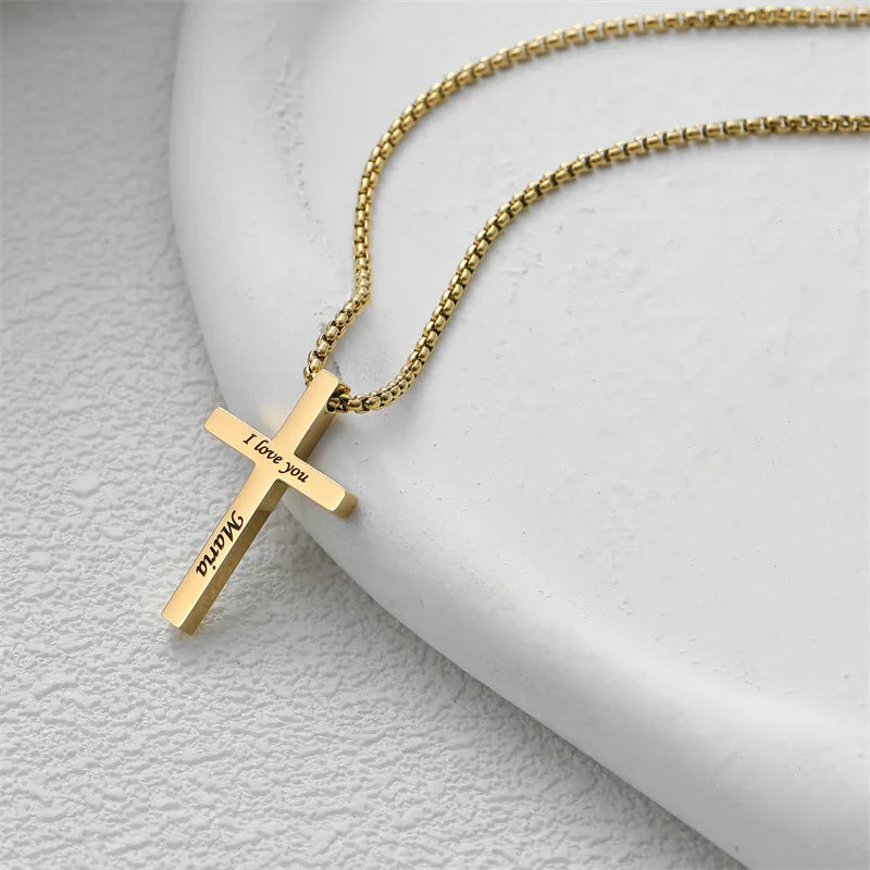 Colar com pingente de cruz Hainon New Cross Charm, simples, de aço inoxidável, prateado, preto, personalizado, para homens e mulheres