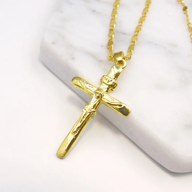 Novo colar de ouro 24K com pingente de cruz, colar banhado a ouro, joias masculinas e femininas, presente de 45 cm/50 cm