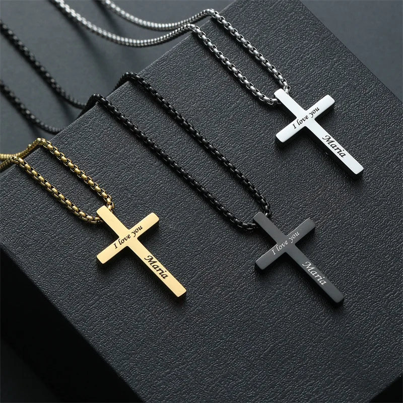 Colar com pingente de cruz Hainon New Cross Charm, simples, de aço inoxidável, prateado, preto, personalizado, para homens e mulheres