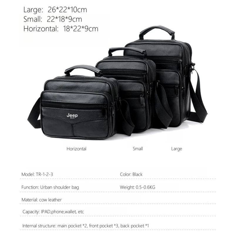 Jeep Buluo Bolsa de ombro masculina de couro bovino legítimo, preta, casual, de negócios, grande capacidade, bolsa transversal, alta qualidade, nova